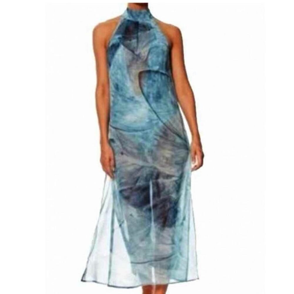 La Perla Dress Womens 8 Sheer Watercolor Sleeveless Halter Neck Midi Blue